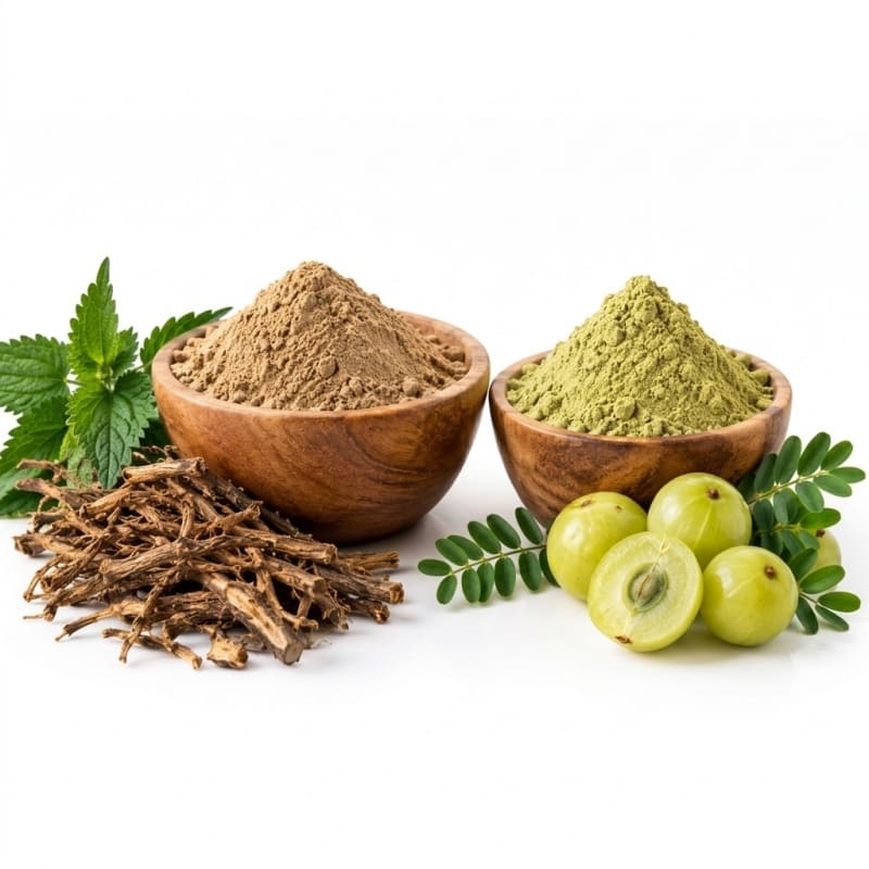 An image of Ayurvedic Herbs and Powders side by side