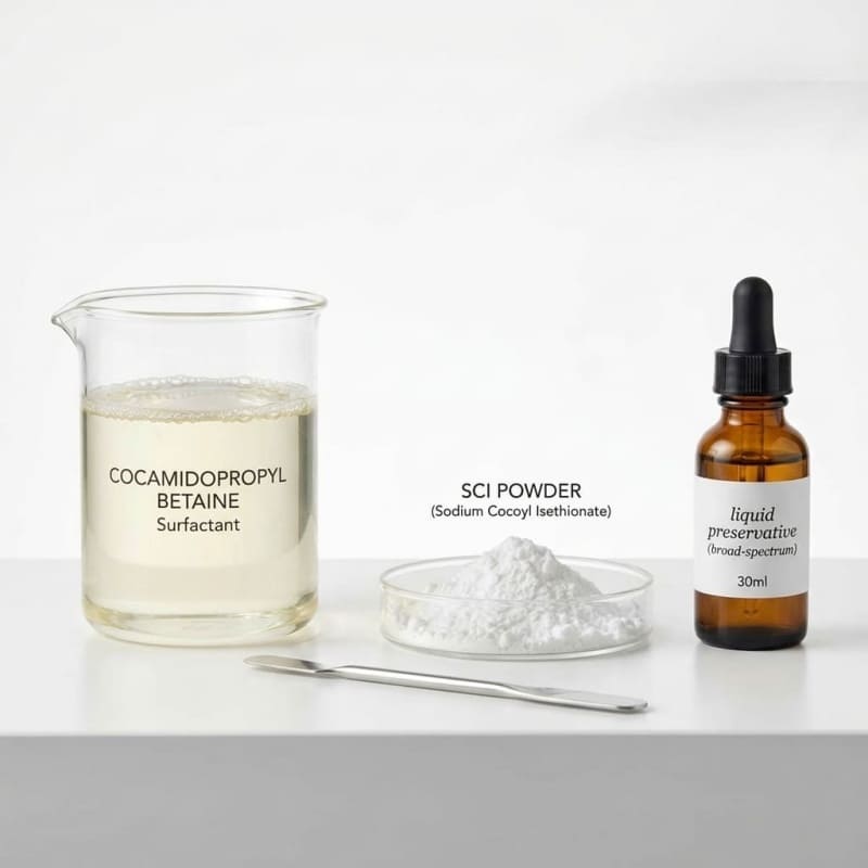 A clean work table with surfactants and conditioners set to make a haircare product.